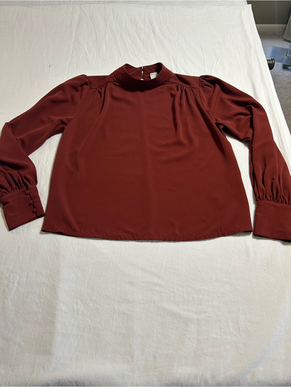 Joie Rust Burgundy Mock Neck Blouse Puff Sleeve Quiet Luxury Small Petite - Picture 5 of 10